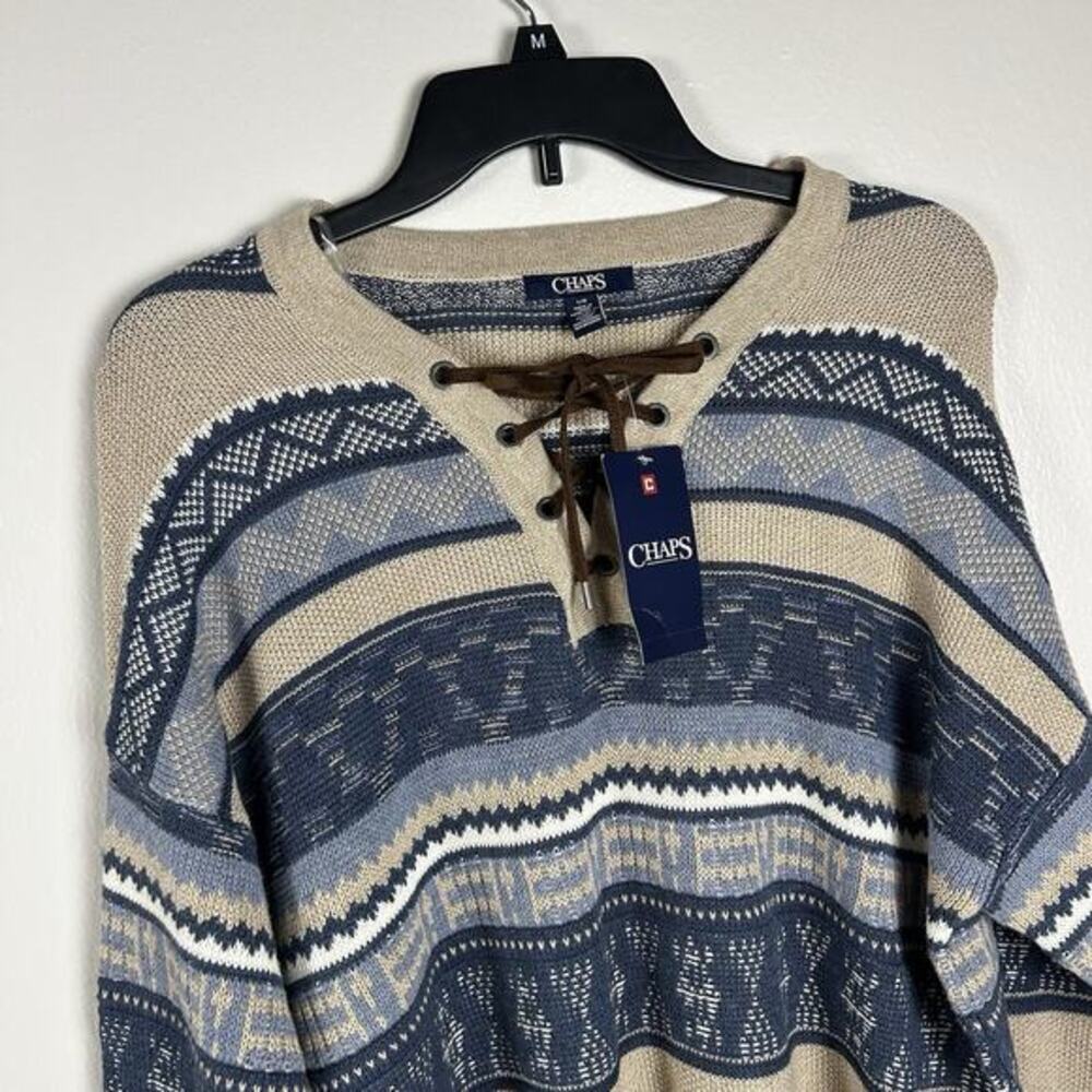 NWT Chaps Women’s Southwestern Knit Tie Up Front Sweater Size L Boho Chic - Picture 2 of 10